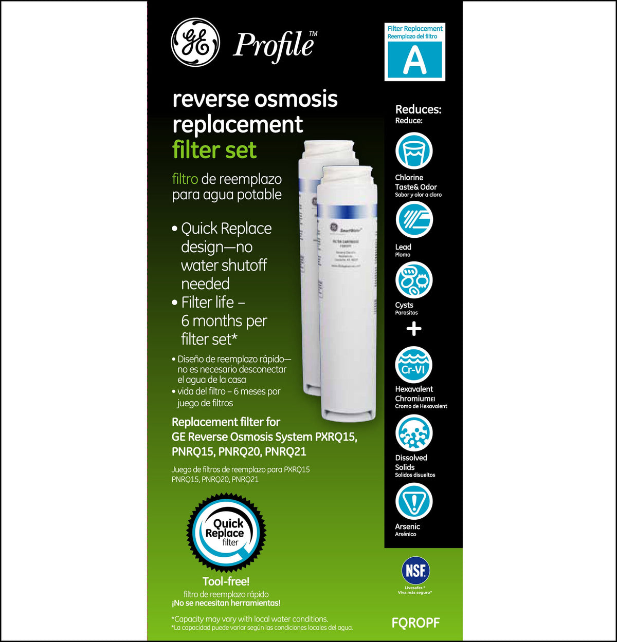 GE Profile FQROPF pre-post filter set shown for comprehensive purification