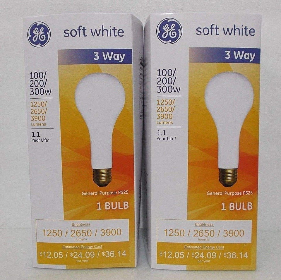 GE PS25 Soft White 3-Way 100W bulb set for versatile room lighting and brightness control.