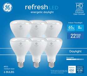 GE Refresh BR30 LED bulbs pack front view, ideal for daylight floodlighting and energy savings
