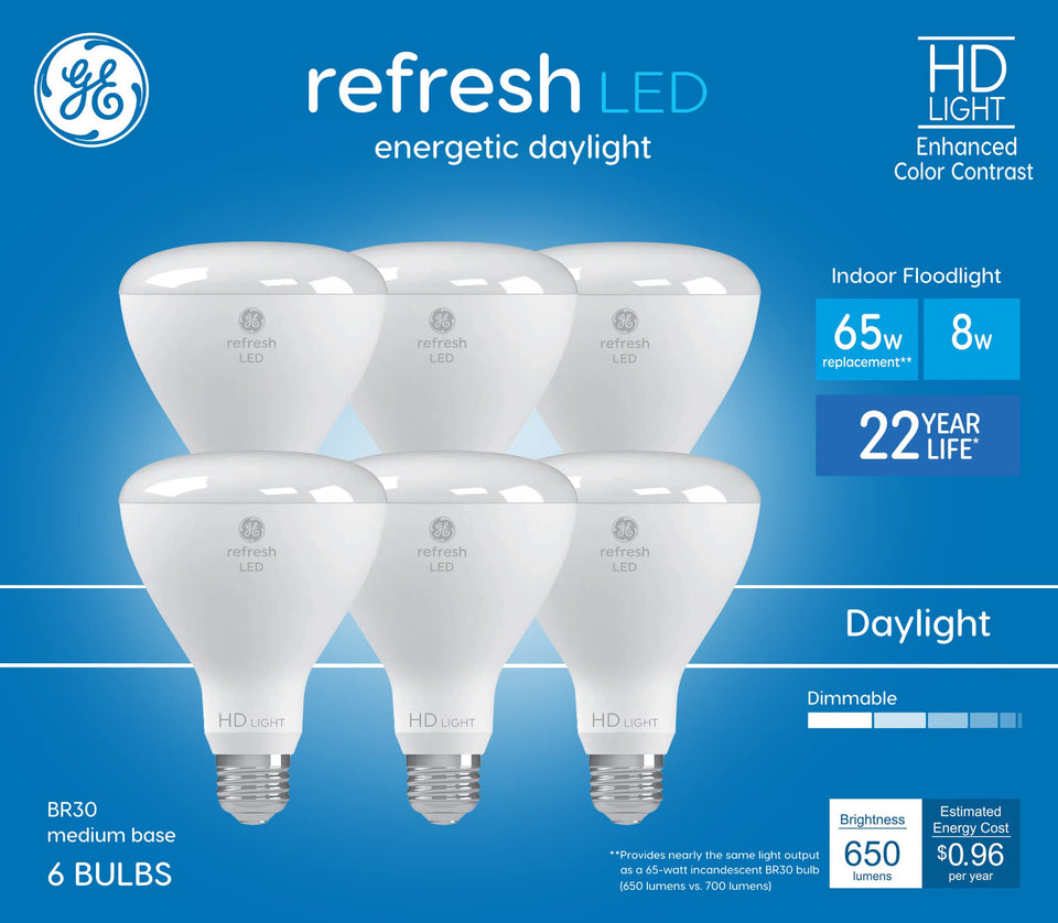 GE Refresh BR30 LED bulbs pack front view, ideal for daylight floodlighting and energy savings