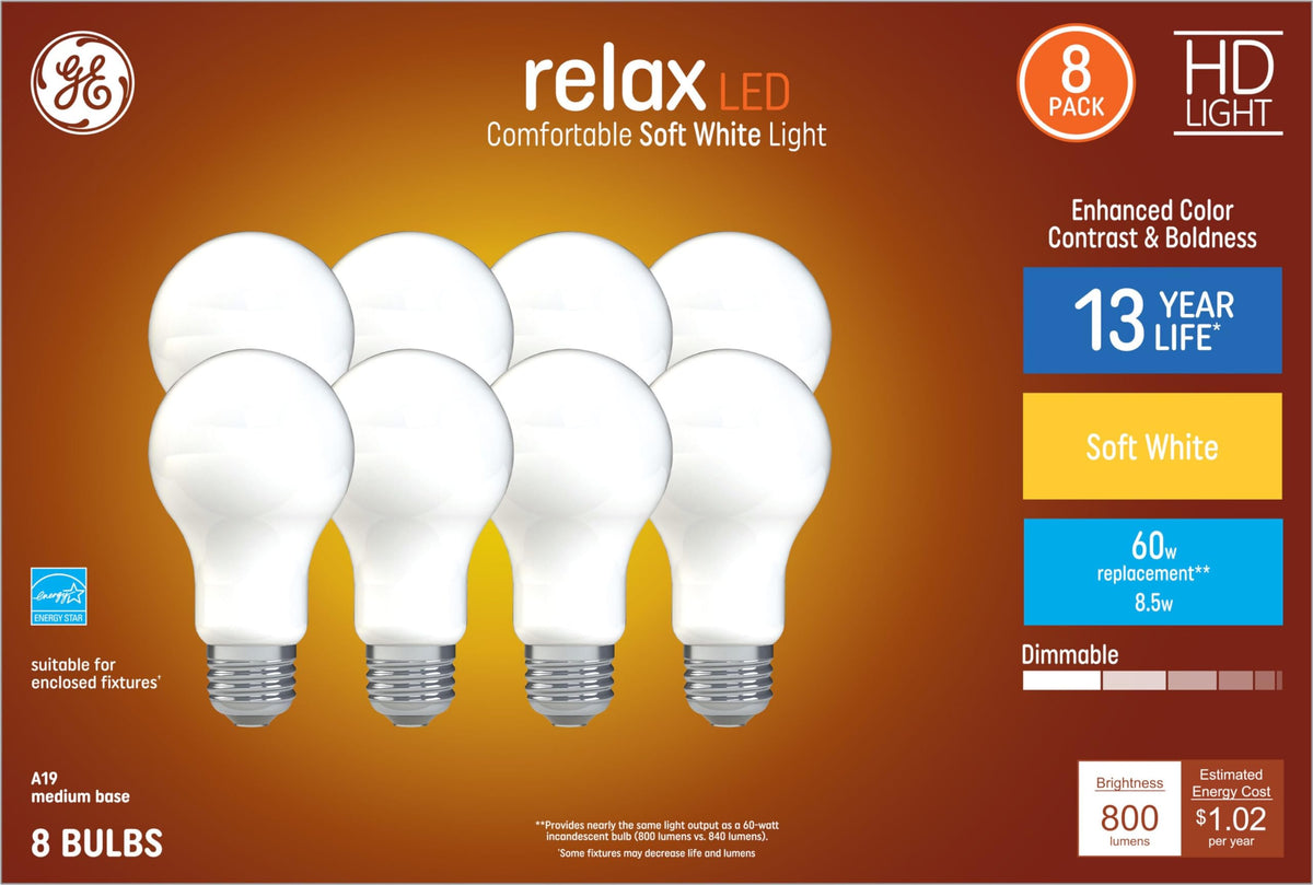 GE Relax LED bulb provides soft ambient lighting for cozy living spaces.