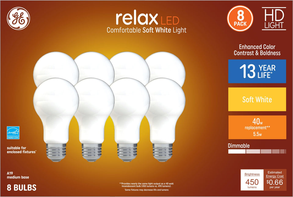 GE Relax 8-pack bulbs front view showing 40W-equivalent, dimmable soft white lighting