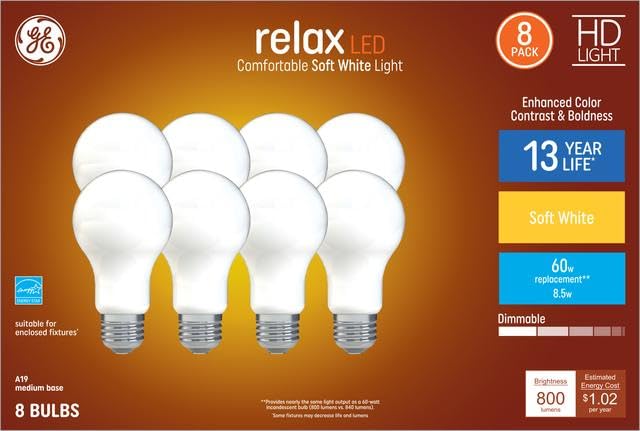 GE Relax LED A19 bulb emitting soft white glow for living spaces and dimmable ambiance.