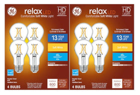 GE Relax 8-pack A19 bulbs in package offer energy efficiency for bedrooms and living rooms.