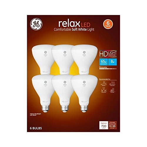 GE Relax BR30 LED bulb delivers soft white illumination for living spaces.