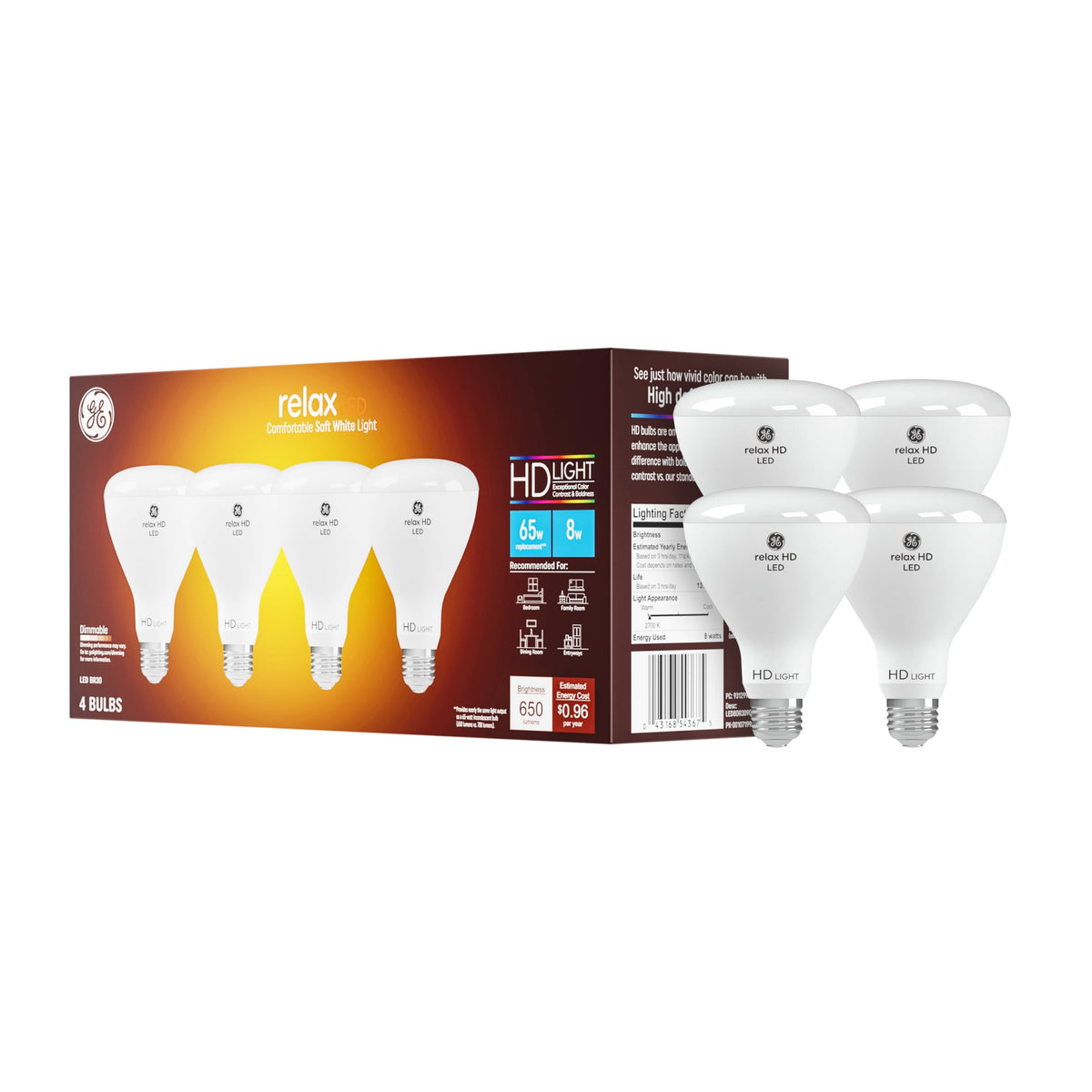 GE Relax BR30 soft white bulb closeup shows warm inviting lighting for cozy spaces