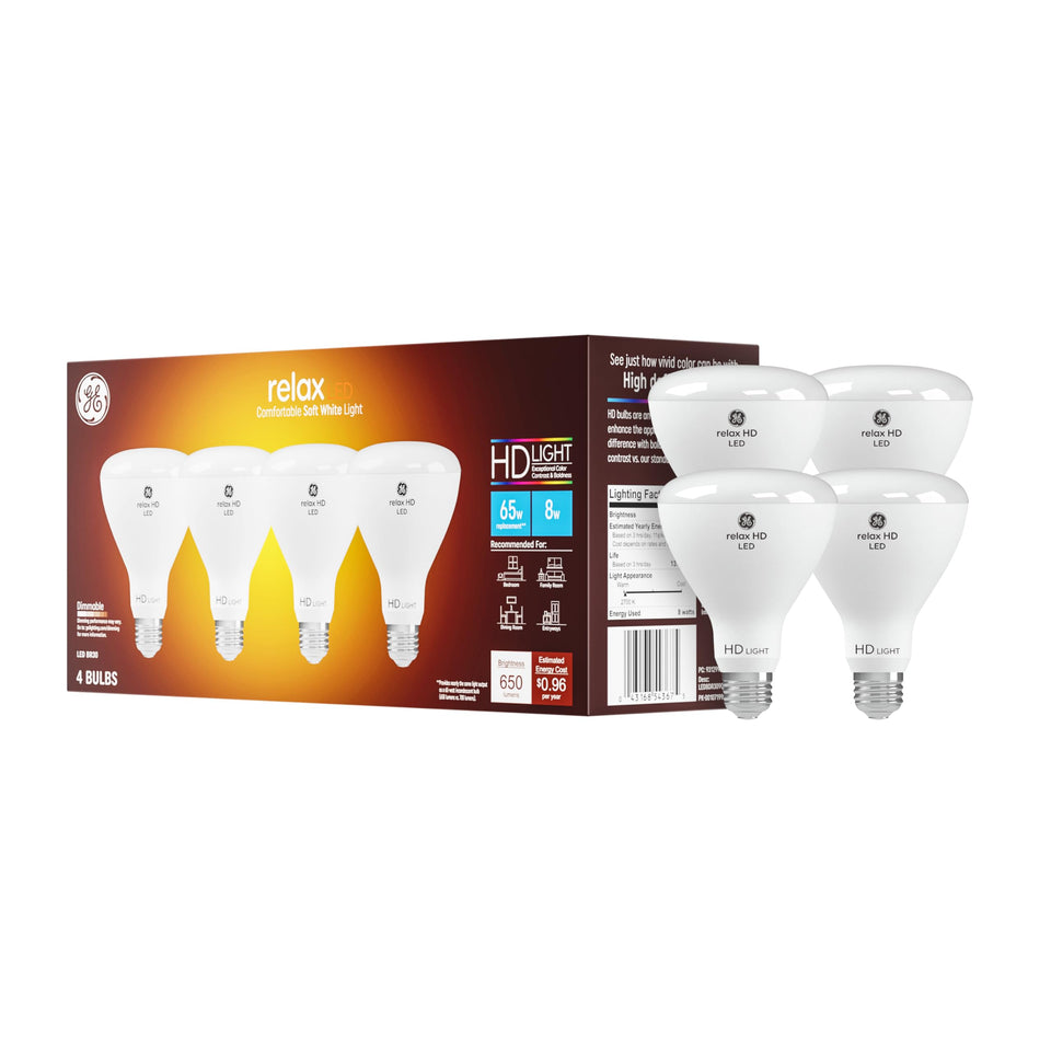 GE Relax BR30 soft white bulb closeup shows warm inviting lighting for cozy spaces