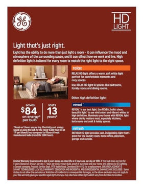GE Relax crystal-clear finish bulb close-up for vivid colors and high-definition lighting.