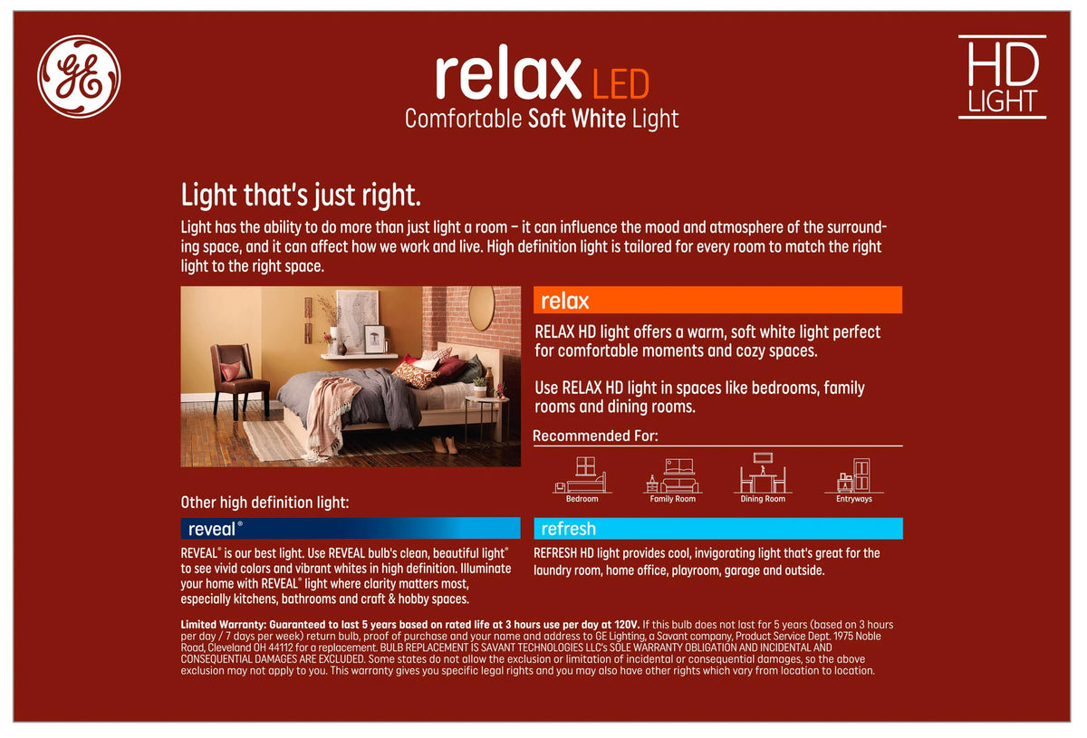 GE Relax dimmable soft-white A19 LED creates comfortable evenings.