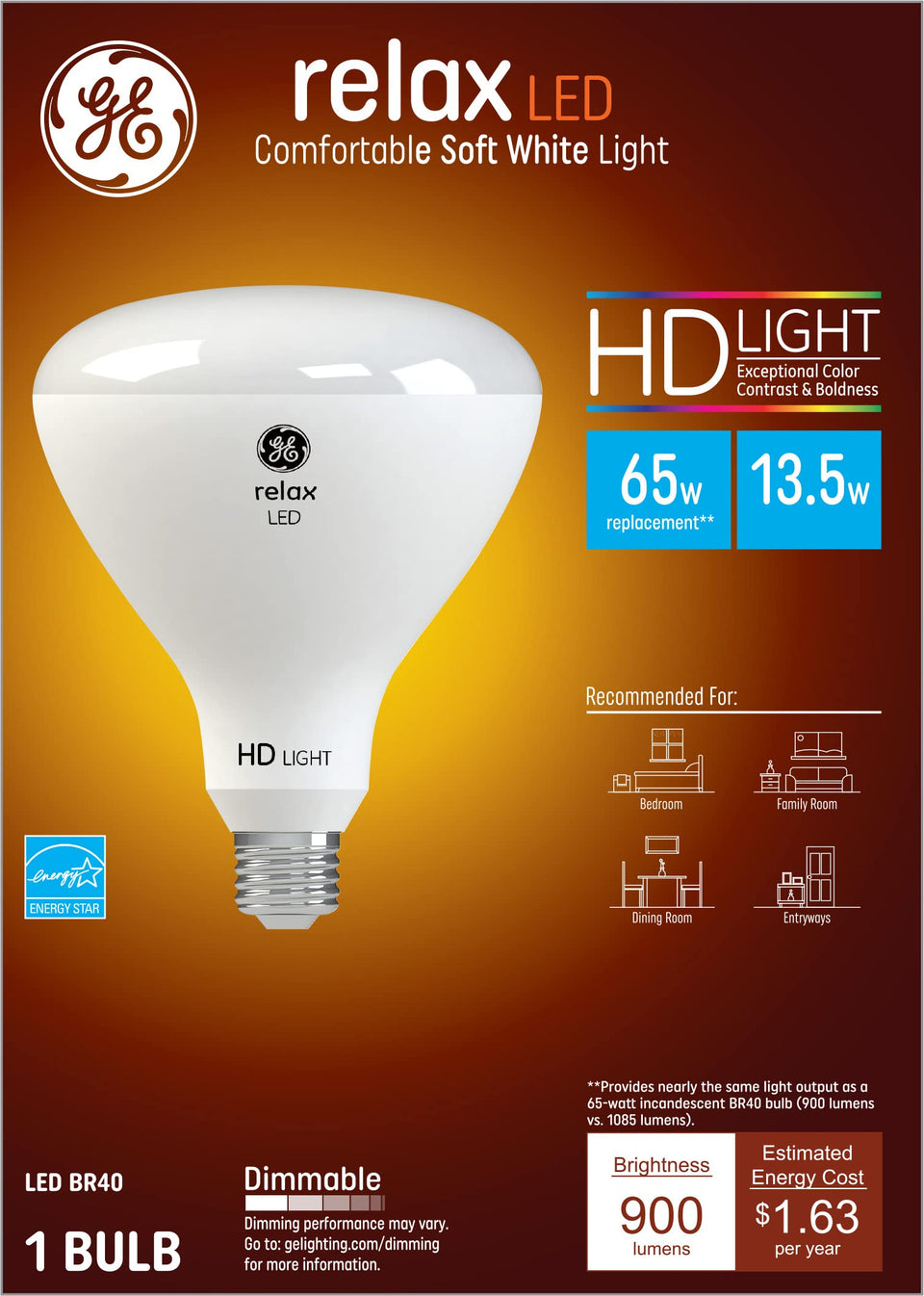 GE Relax HD BR40 front view shows warm, cozy lighting for living rooms.