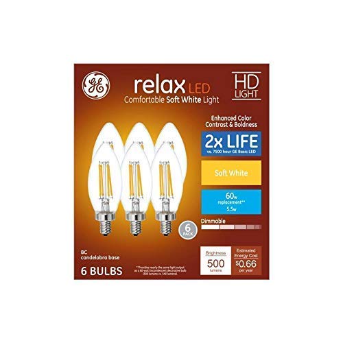 GE Relax HD soft white LED bulb with clear finish and blunt tip for cozy living spaces.