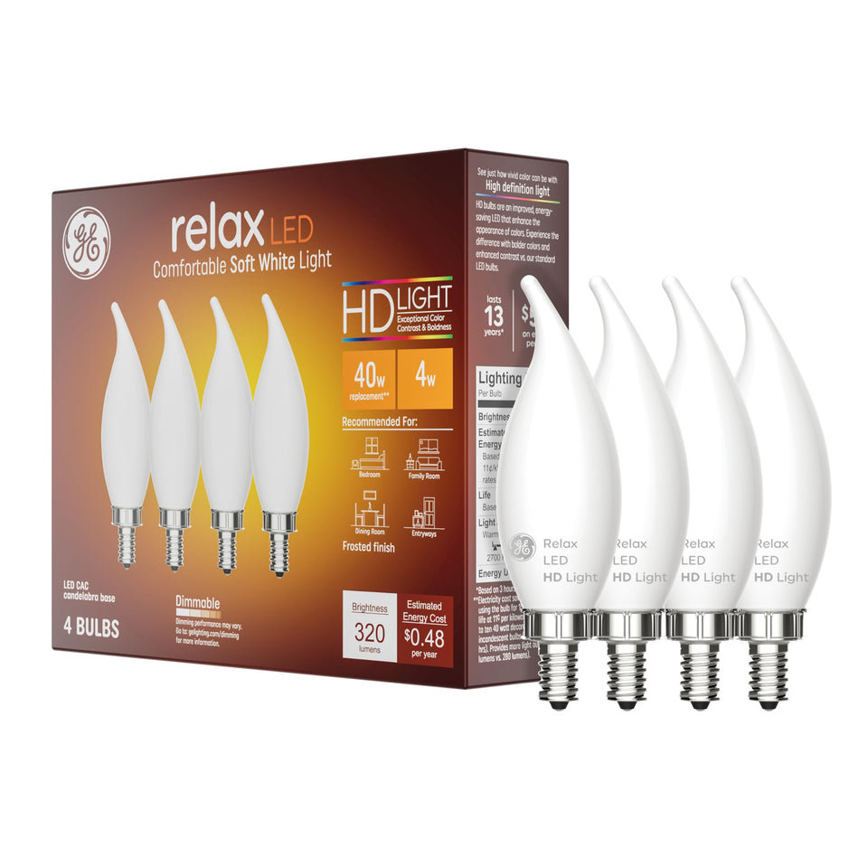 GE Relax LED bulb with frosted finish emitting warm soft white light for cozy bedroom ambiance