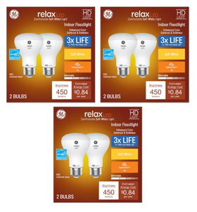 GE Relax R20 bulbs six-pack package with warm 2700K soft white light