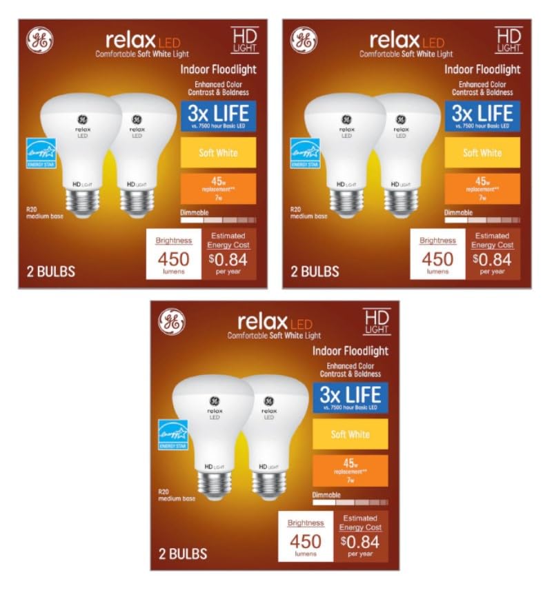 GE Relax R20 bulbs six-pack package with warm 2700K soft white light