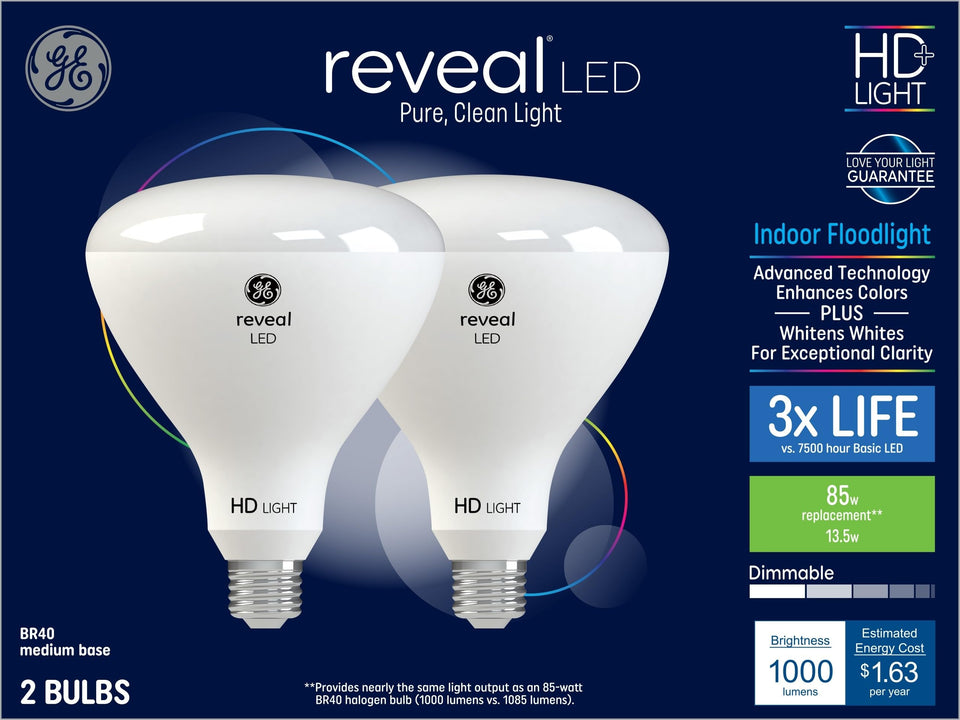 GE Reveal BR40 LED bulbs in can lights deliver color-enhanced illumination.