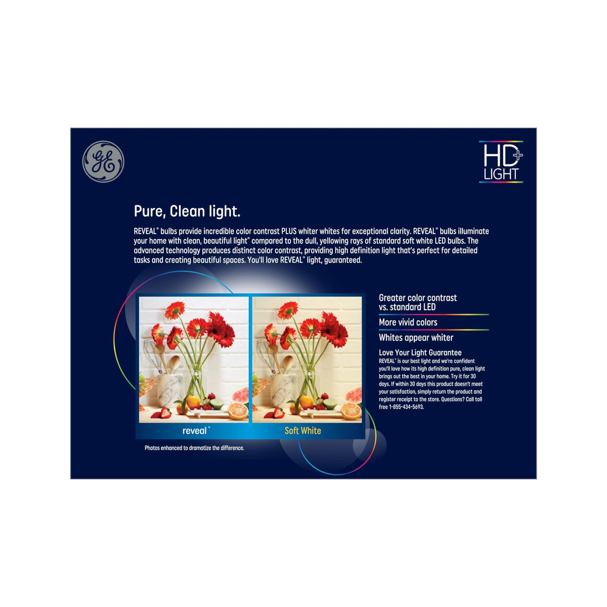 GE Reveal BR40 LED bulbs shown in a dimmed scene for mood lighting.
