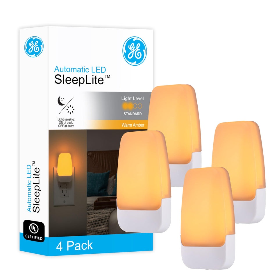 GE Sleeplite amber night light at top outlet with four-pack design for flexible placement.