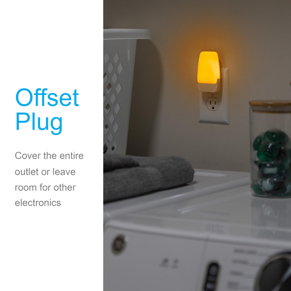 GE Sleeplite warm amber glow night light enhances bedroom ambiance.