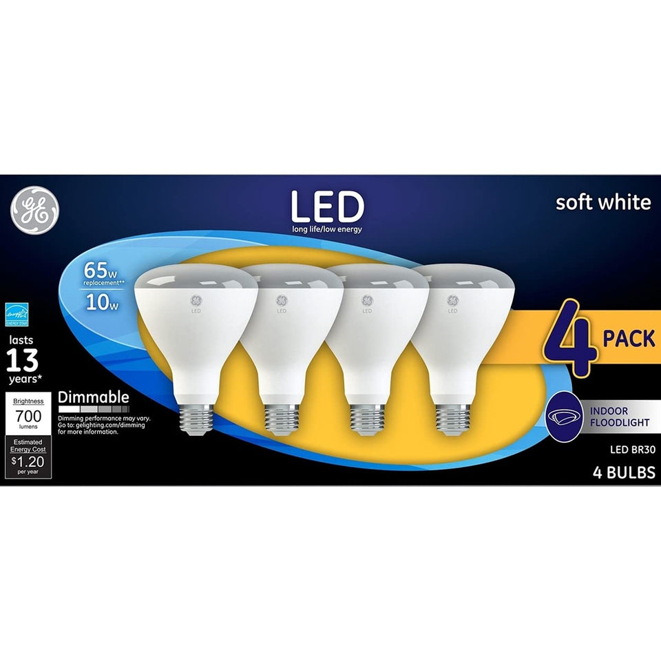 GE BR30 LED floodlight bulb, soft white 2700K, 700 lm, 4-pack, great for track lighting.