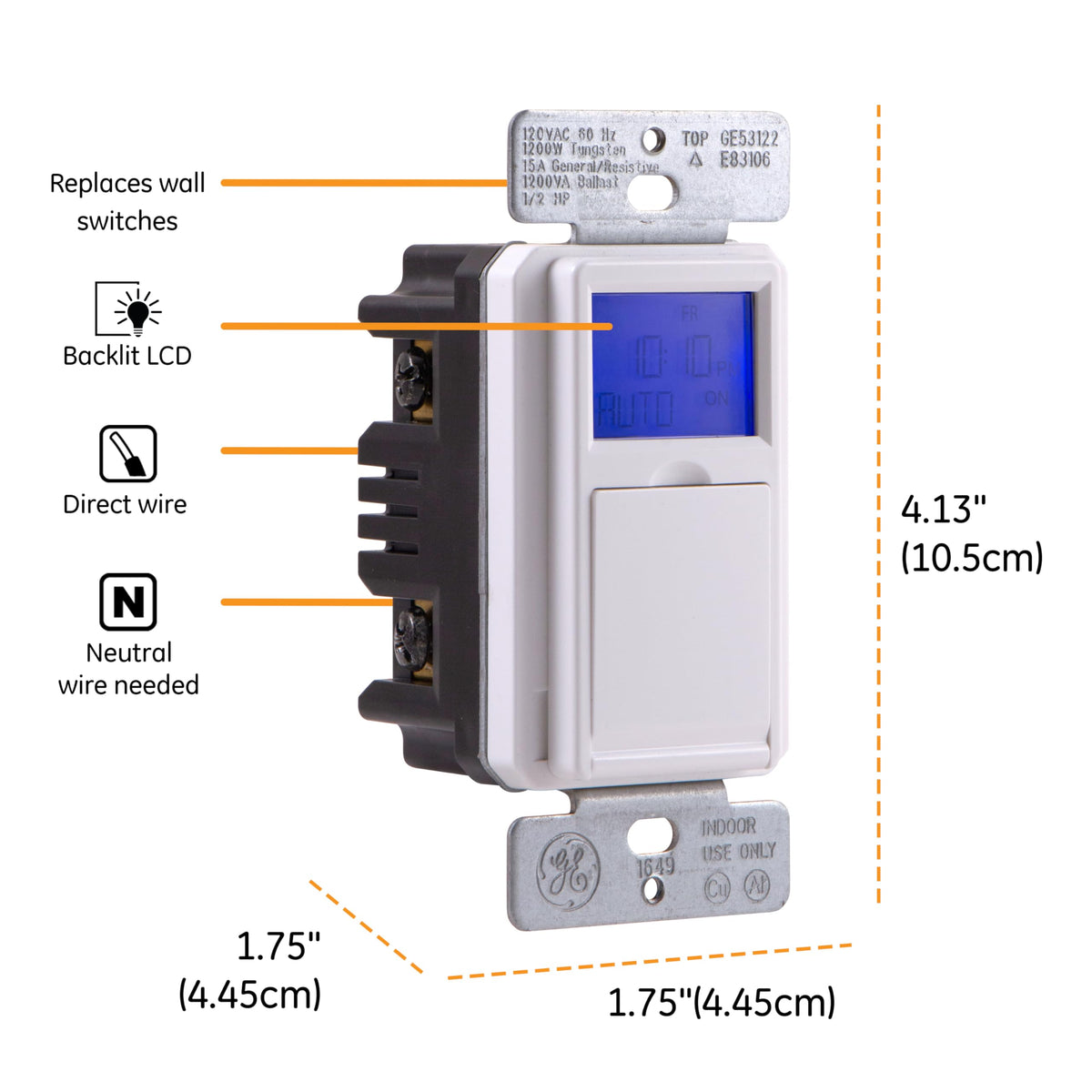 GE SunSmart 7Day timer LCD display clearly shows time and programs.