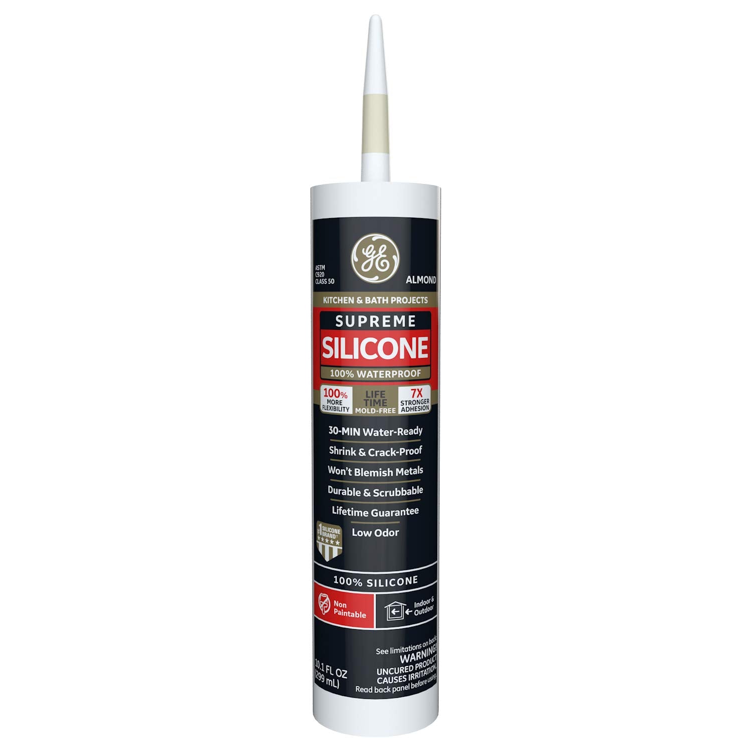 GE Supreme Silicone sealant tube closeup for moisture-prone areas.