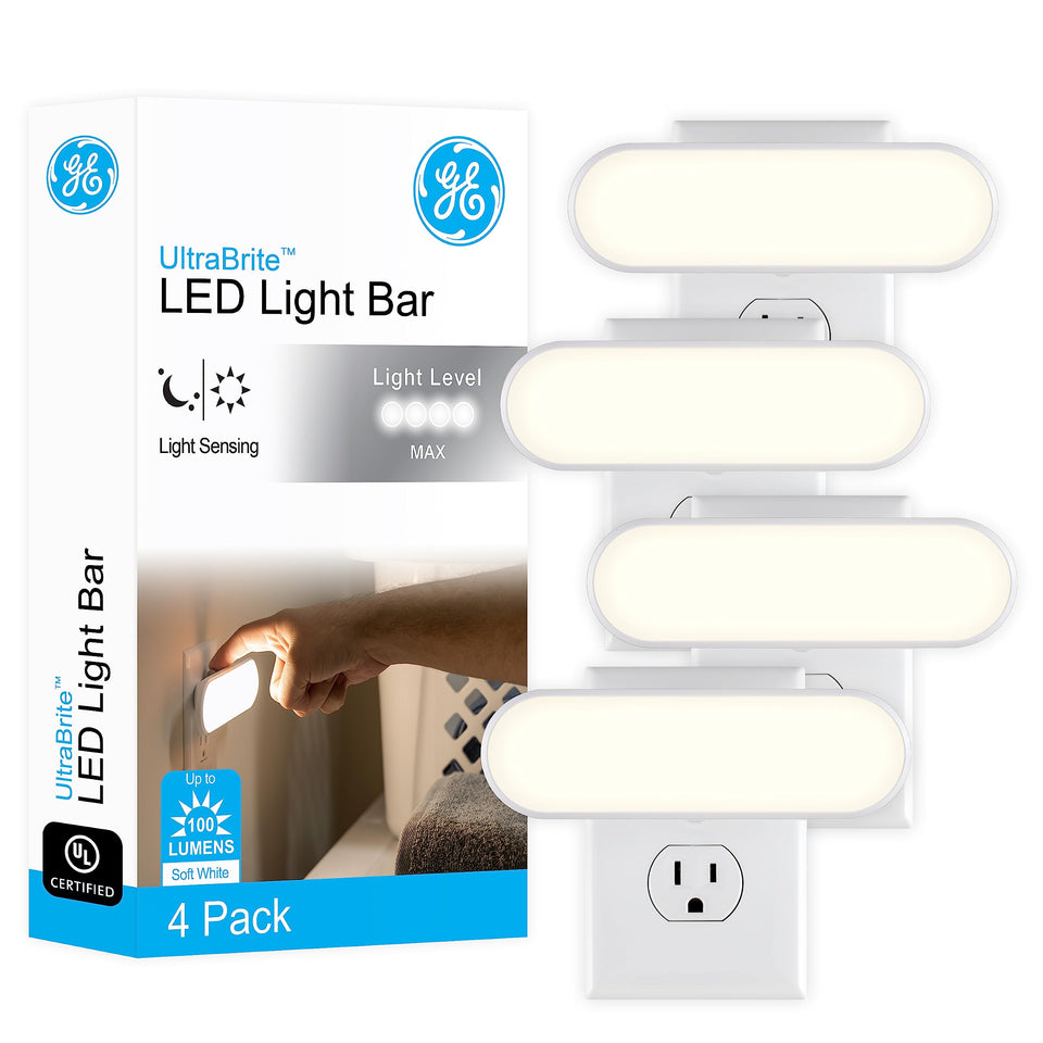 GE Ultrabrite LED Night Light Bar plugged into a wall outlet for constant visibility