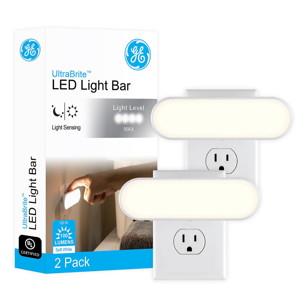 GE Ultrabrite plug-in night light bar near outlet for easy installation