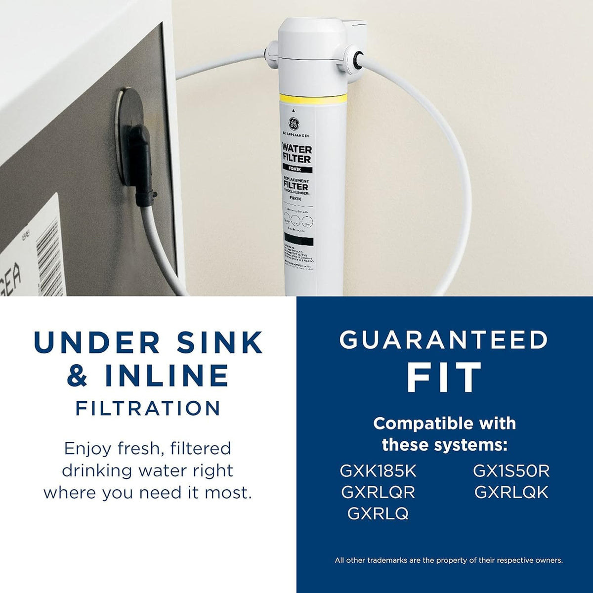 GE FQK1K NSF-certified label emphasizing safe filtration