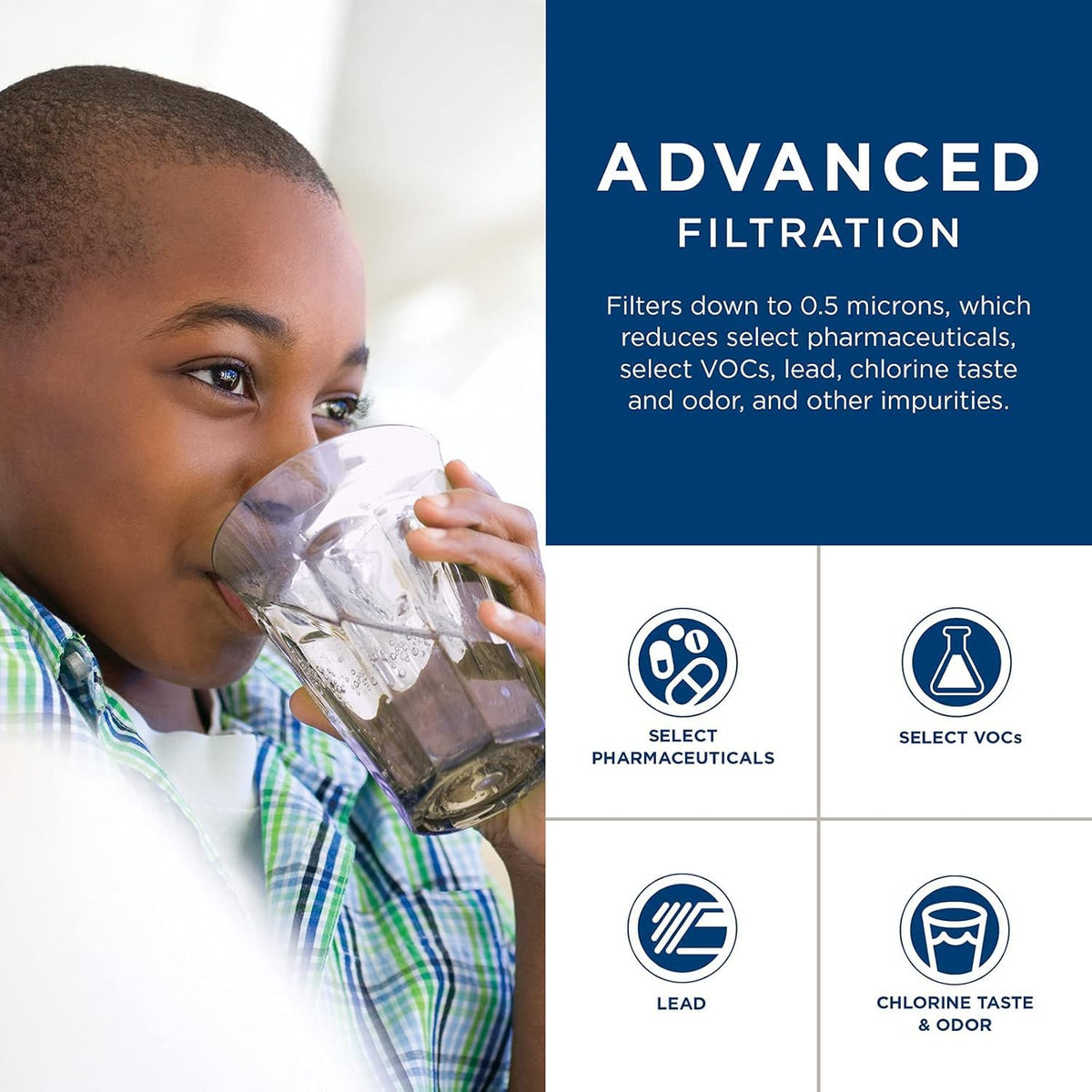GE FQK1K filtered water pouring into a glass for cleaner taste