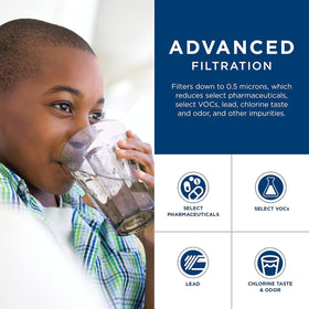 GE FQK1K filtered water pouring into a glass for cleaner taste