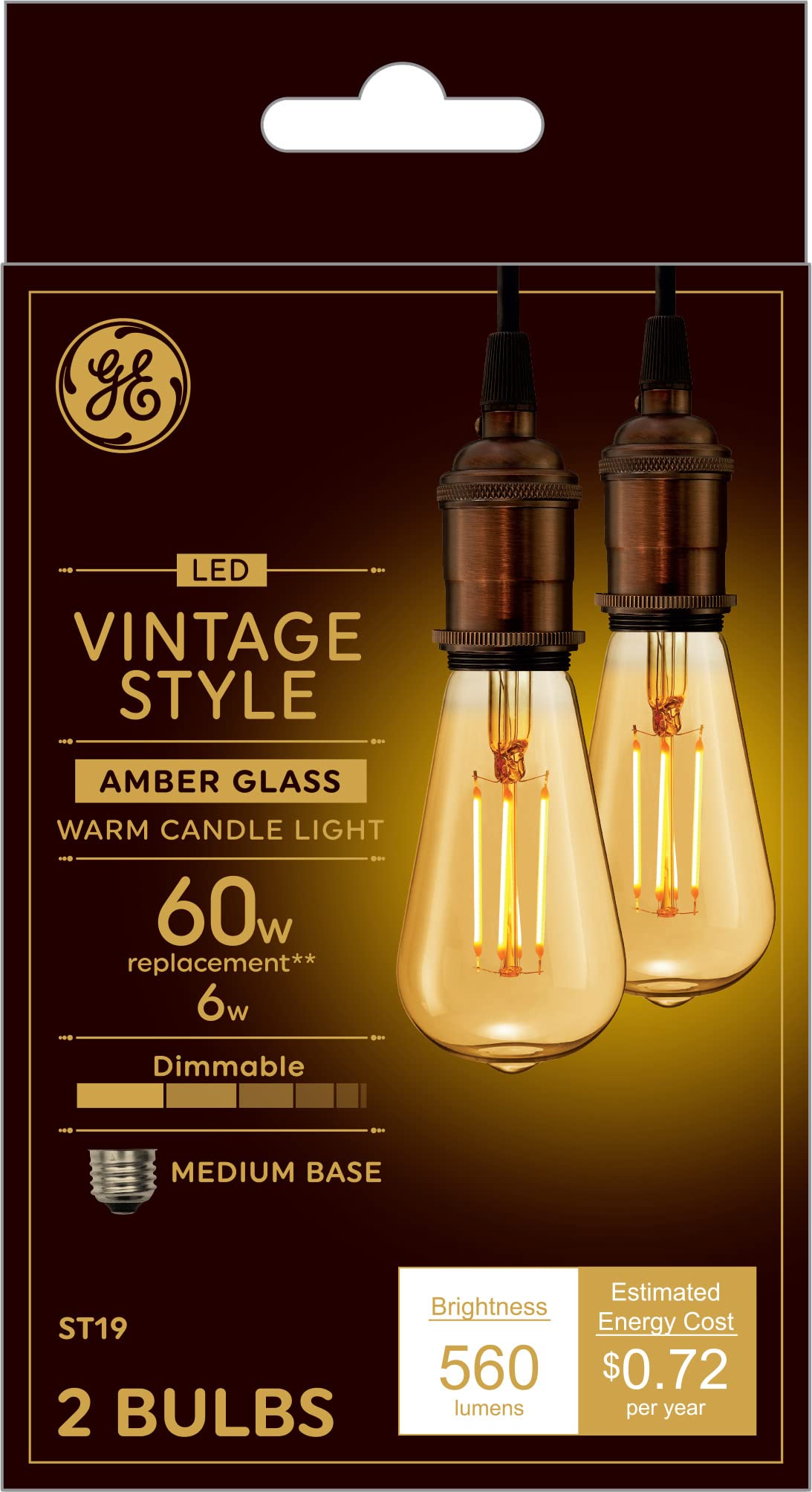GE Vinta amber ST19 LED bulb in a visible fixture with warm, amber glow