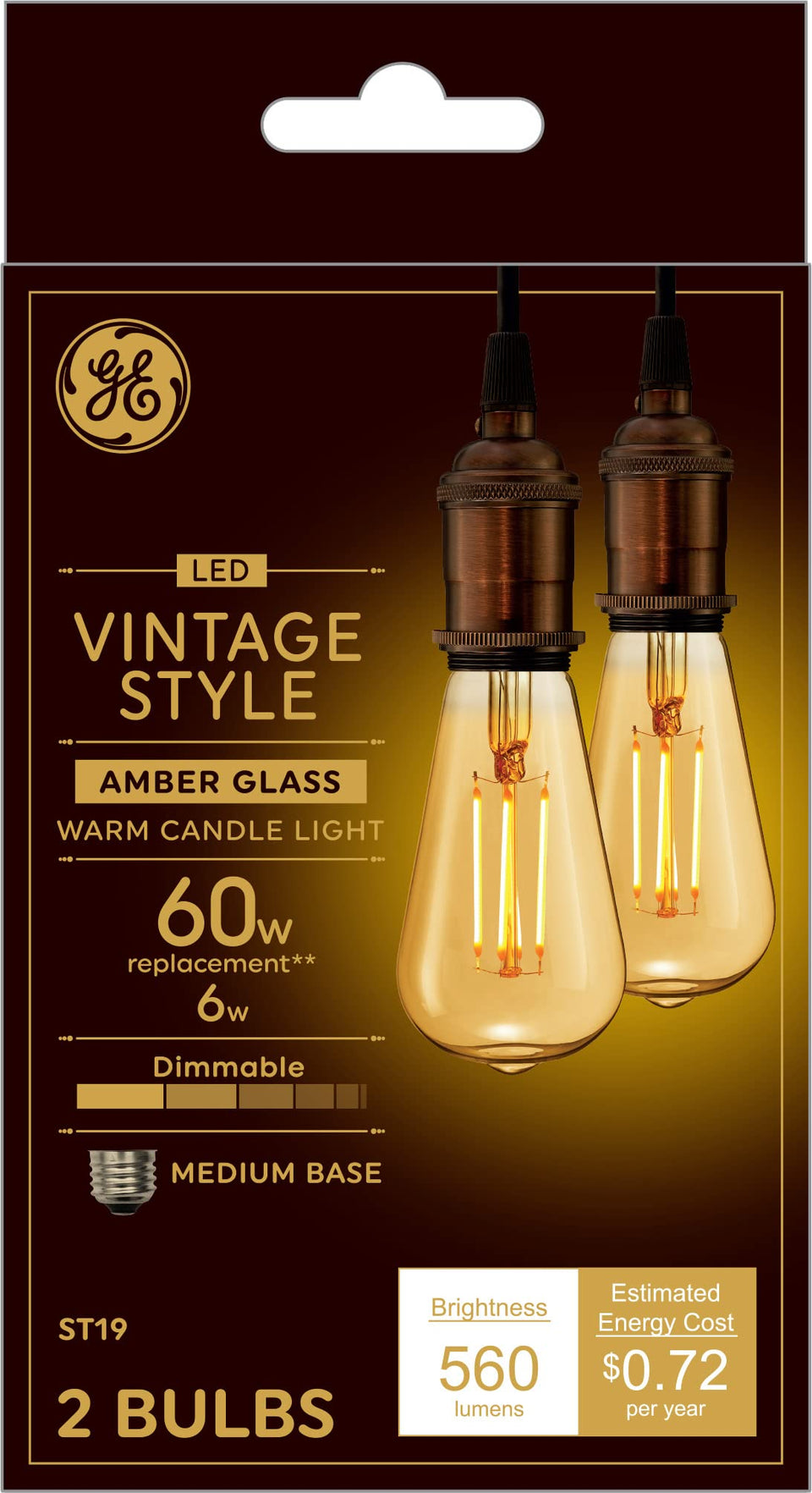 GE Vinta amber ST19 LED bulb in a visible fixture with warm, amber glow