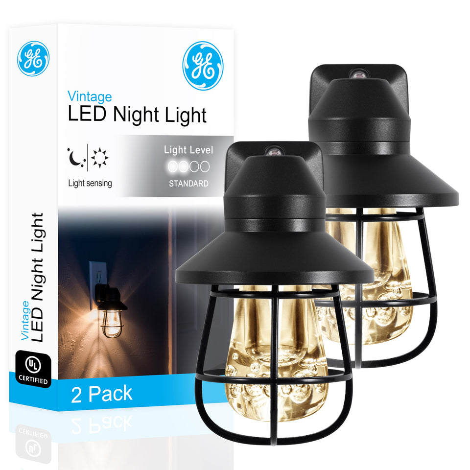 GE Vintage Night Light shows a rustic cage design for warm hallway lighting.