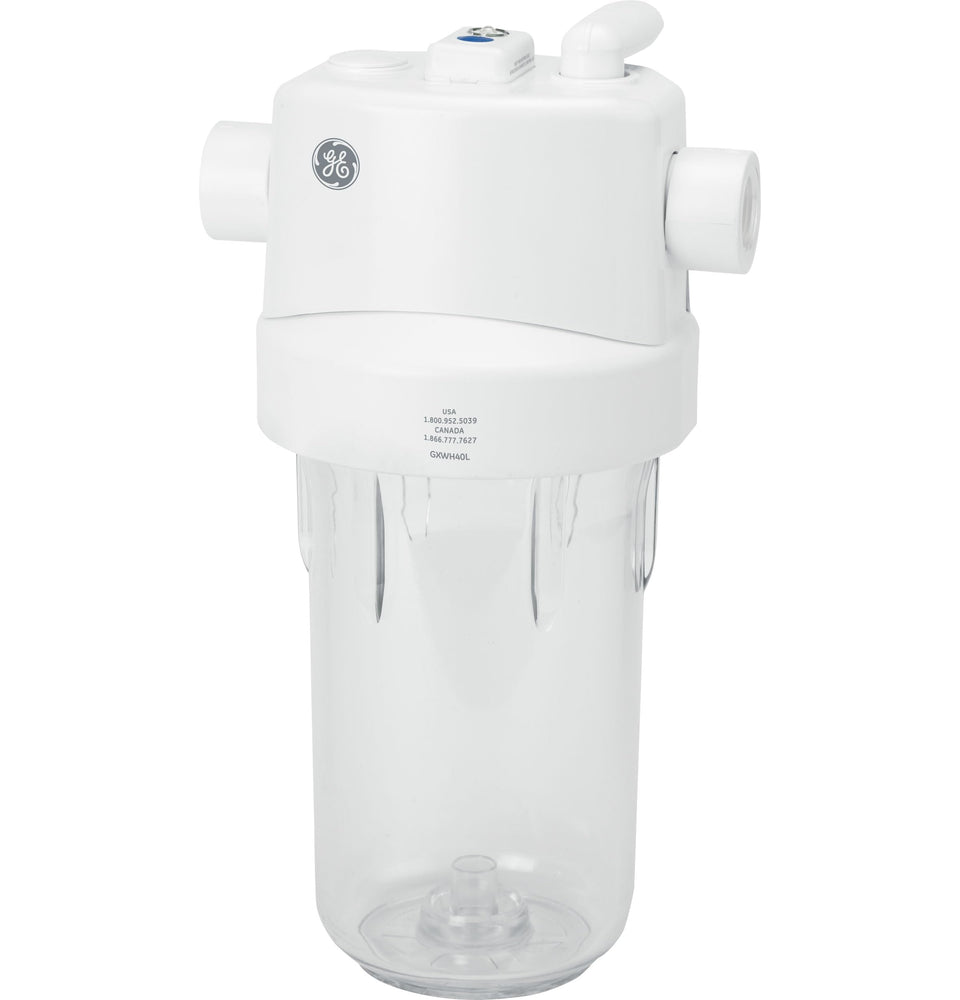 GE whole-house filter sump view for easy inspection of the clear housing
