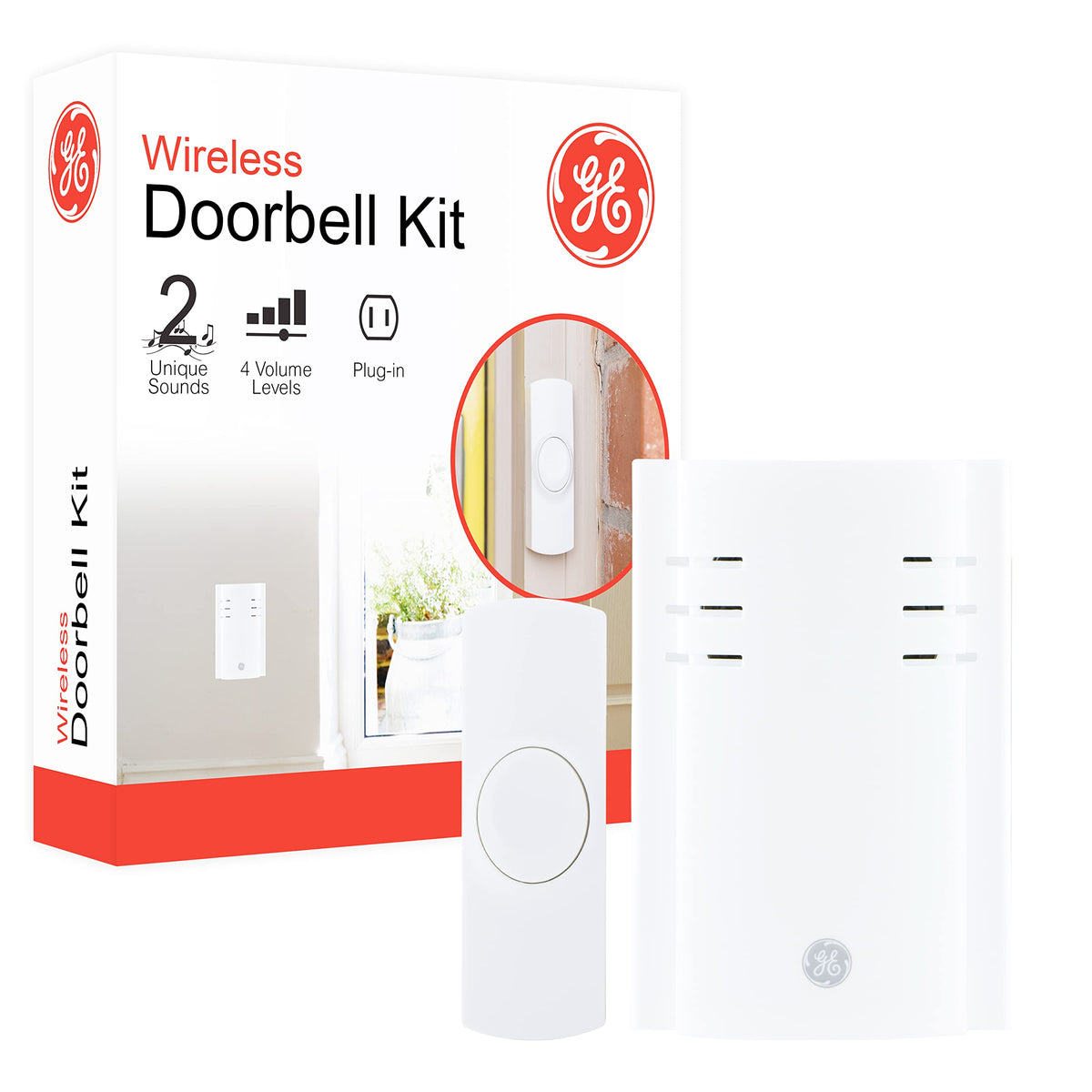 GE Wireless Doorbell Kit receiver plugged into outlet for reliable indoor use.