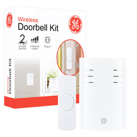 GE Wireless Doorbell Kit receiver plugged into outlet for reliable indoor use.