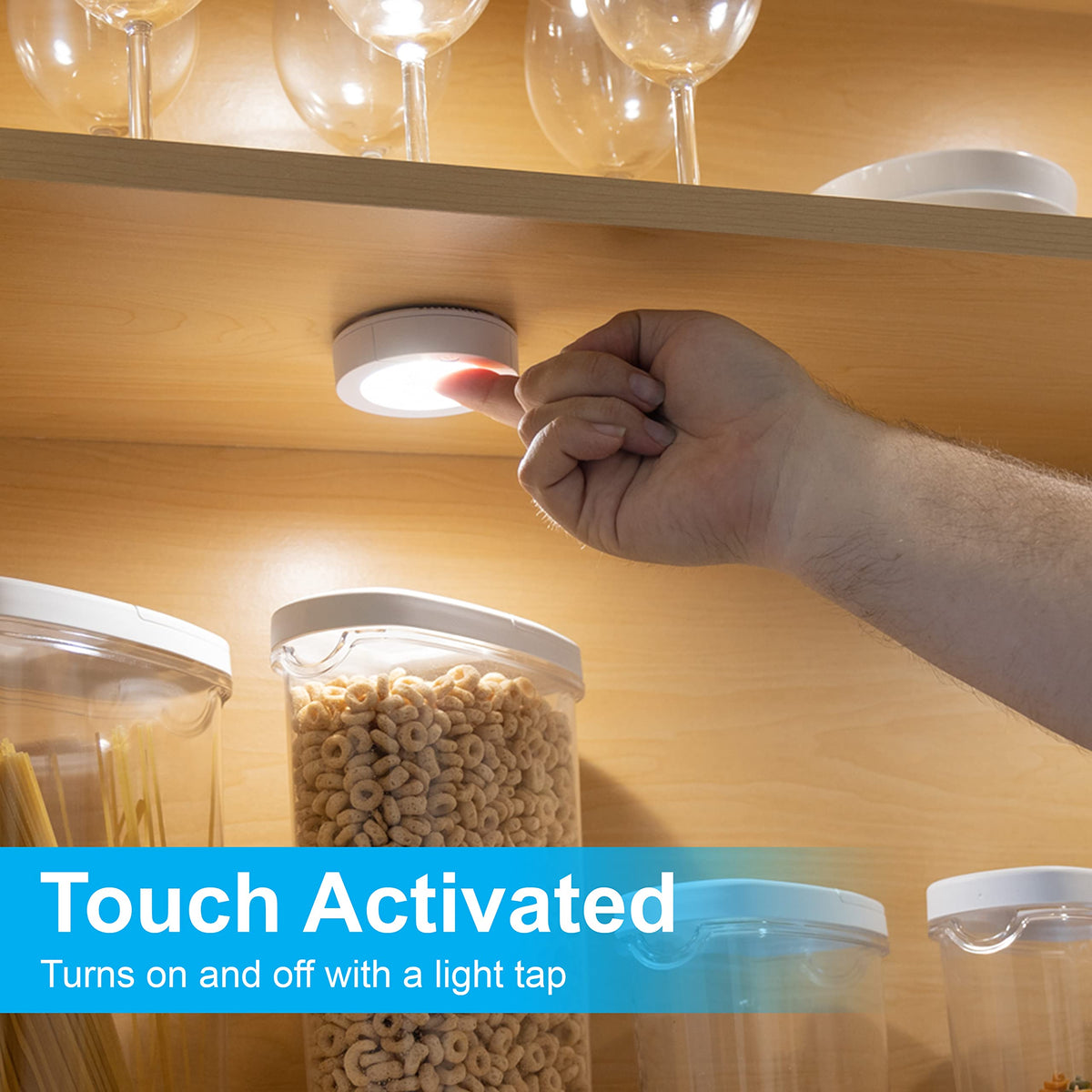 GE Wireless LED Puck Light on pantry shelves for easy cooking prep