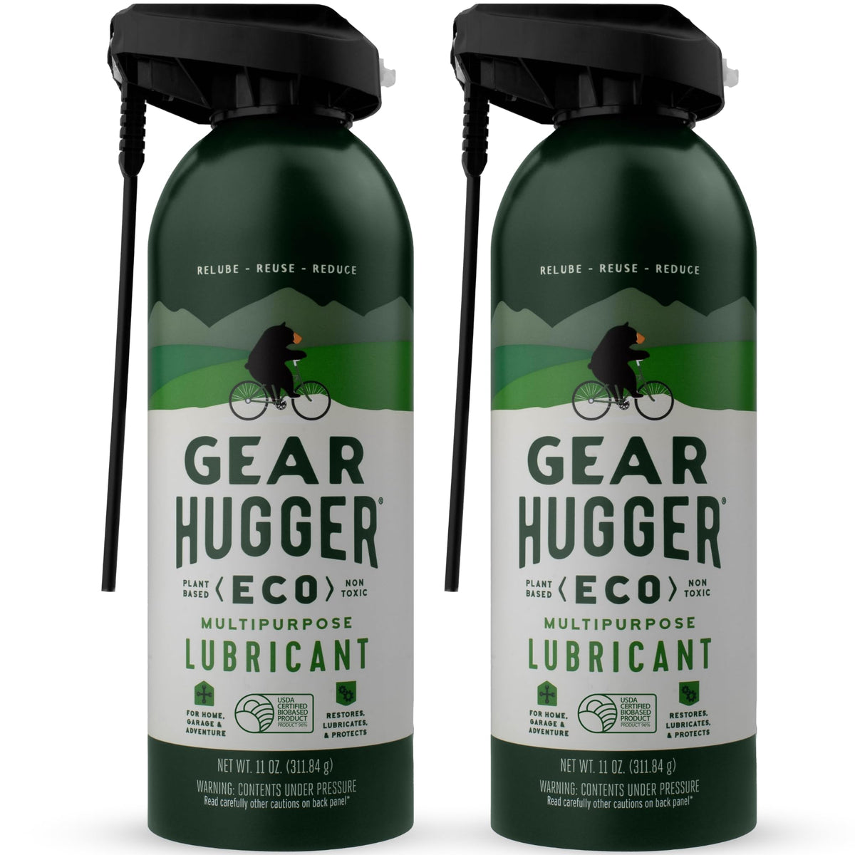 Gear Hugger multipurpose lubricant two-pack bottle front showing eco-friendly formula