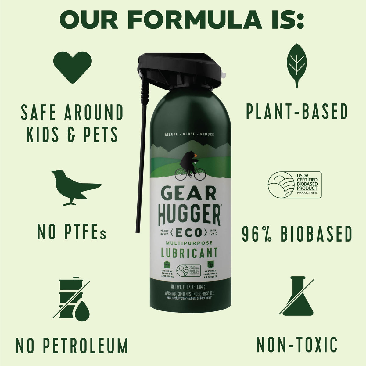 Gear Hugger bottle label close-up highlighting plant-based ingredients and versatility