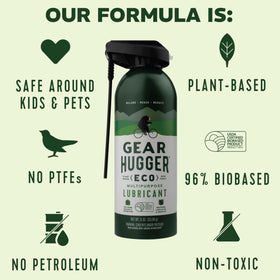 Gear Hugger bottle label close-up highlighting plant-based ingredients and versatility