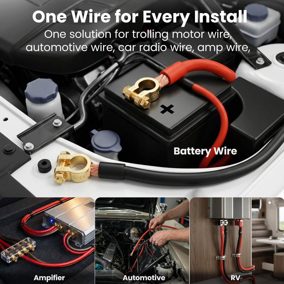 GEARit amp rack-ready wire beside distribution blocks shows organized, clean automotive wiring.