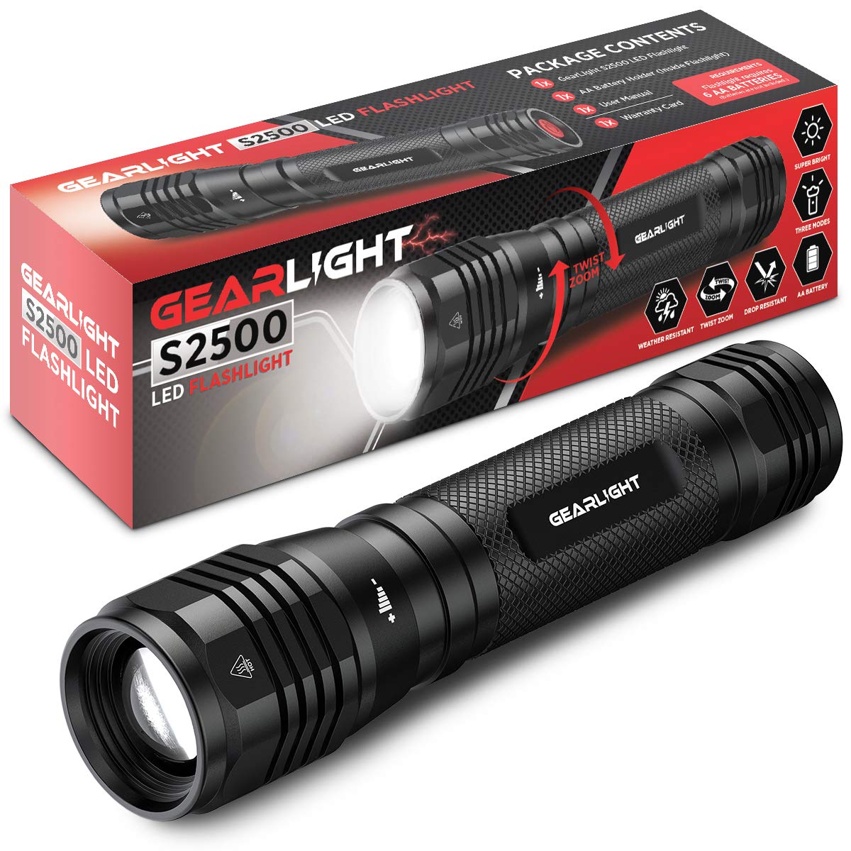 GearLight LED flashlight front view with high-lumen beam for outdoor visibility