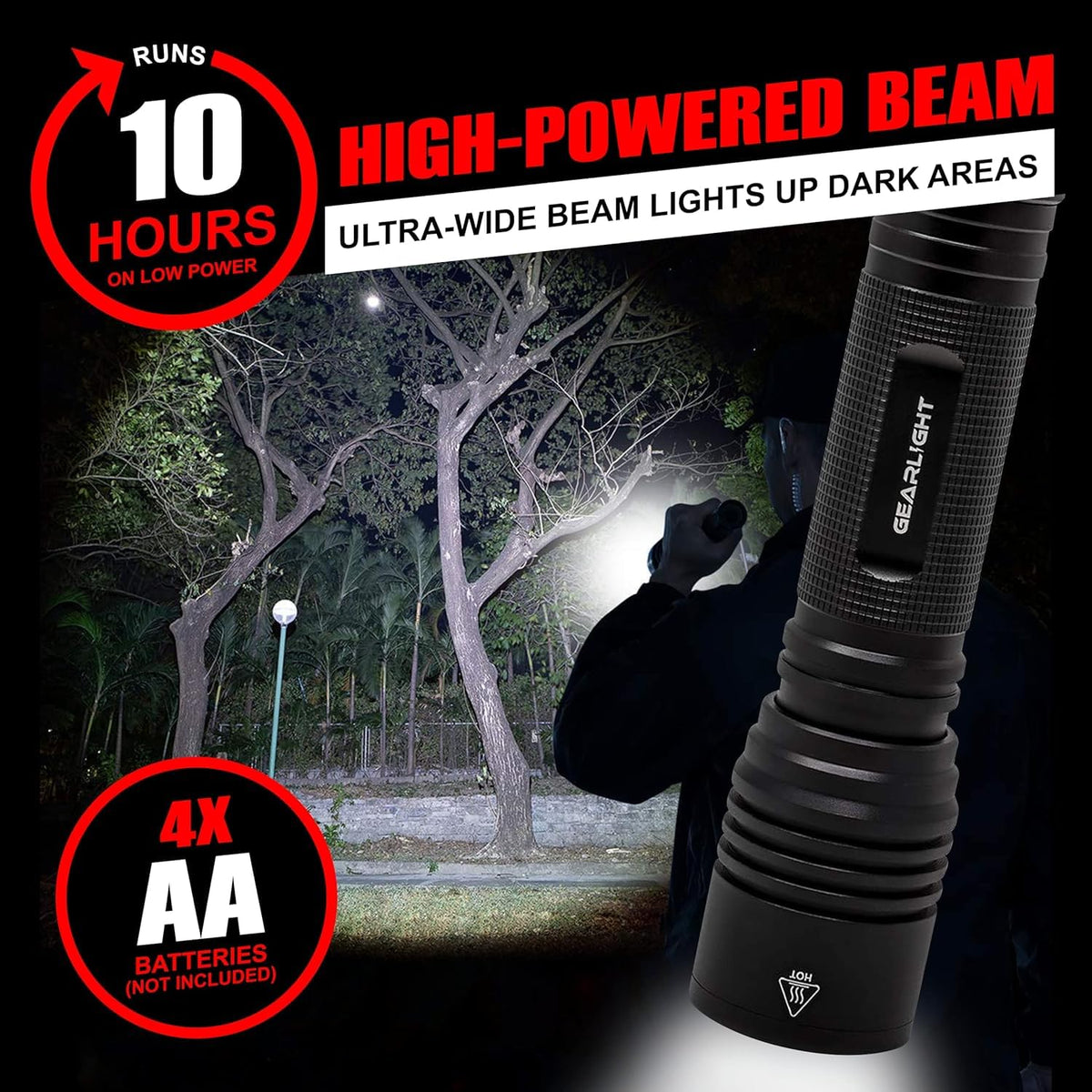 GearLight flashlight zoom capability for focused long-range illumination in dark terrain.