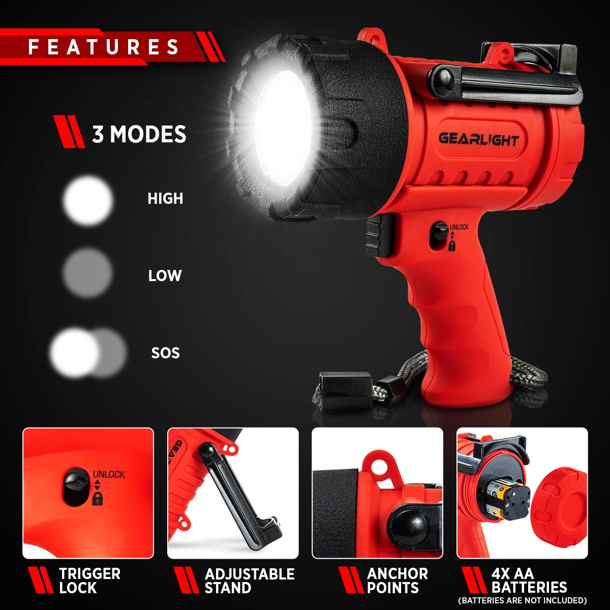 GearLight LED Spotlight powered by 4 AA batteries for cord-free operation.