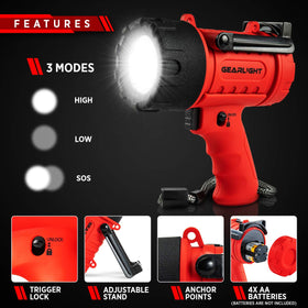 GearLight LED Spotlight powered by 4 AA batteries for cord-free operation.