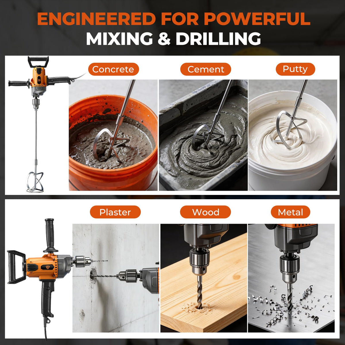 GEARPASS Drill Mixer mixing versatility for cement, mortar, and paint.