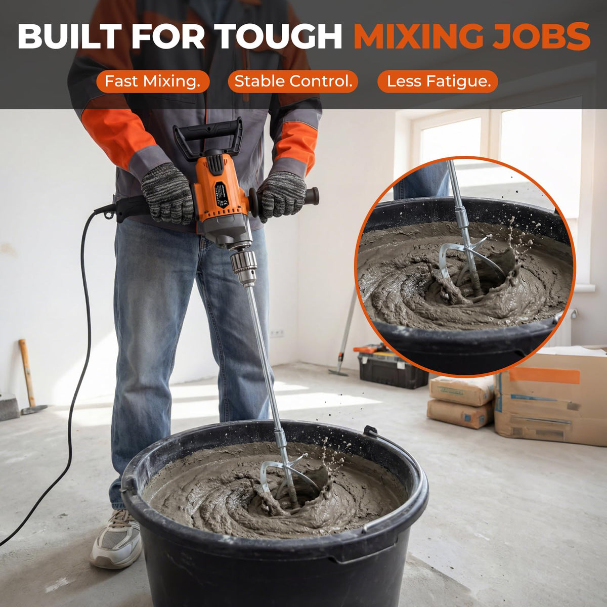 GEARPASS Drill Mixer side-handle positions for balanced grip.