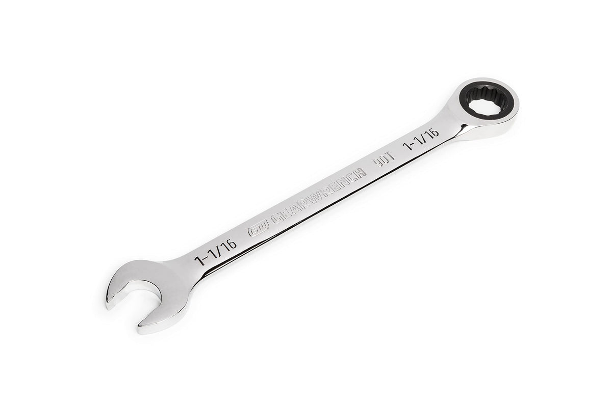 GEARWRENCH 1-1/16 in open-end dual-offset for reduced rounding.