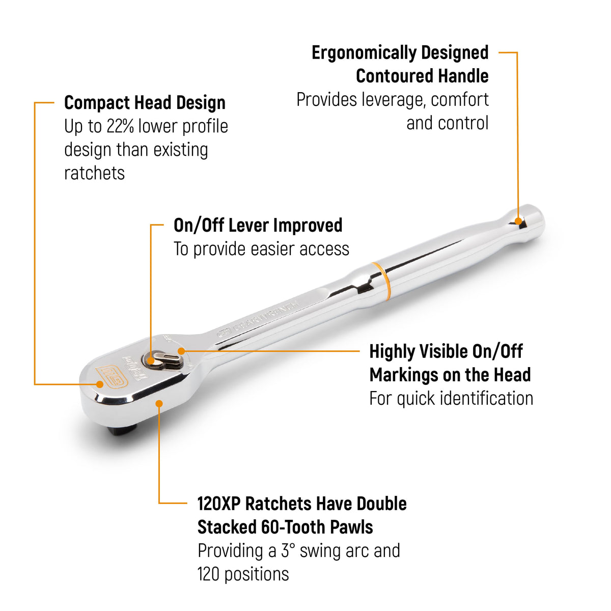GearWrench 120XP teardrop ratchet featuring an ergonomic handle for comfort and precise control.