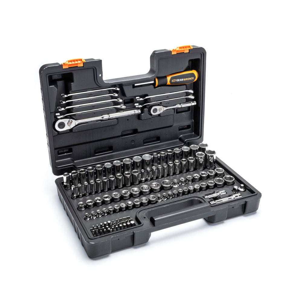 GEARWRENCH 121-piece SAE/metric tool set with 1/4 and 3/8 drive, enabling tight-space access.